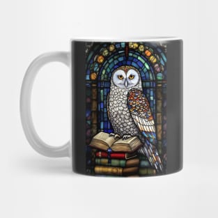 Stained Glass Style White Snowy Owl Sitting On Books Mug